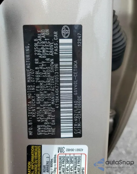 2007 Toyota Camry Le из США, поврежденный, VIN 4T1BK46K77U053196